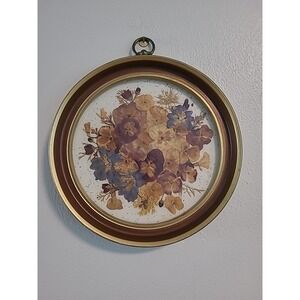 Vintage Dried Pressed Flowers Framed Round 9" Signed
